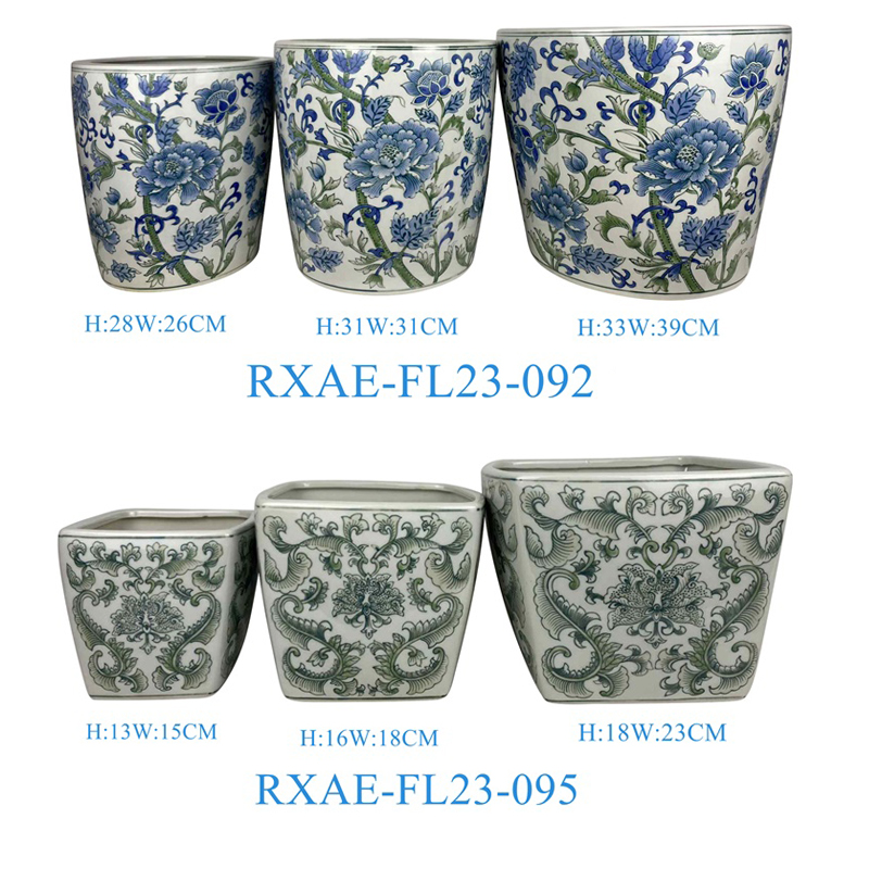 beautiful green and white round shape flower design 4pcs sizes set ceramic flower pot planter