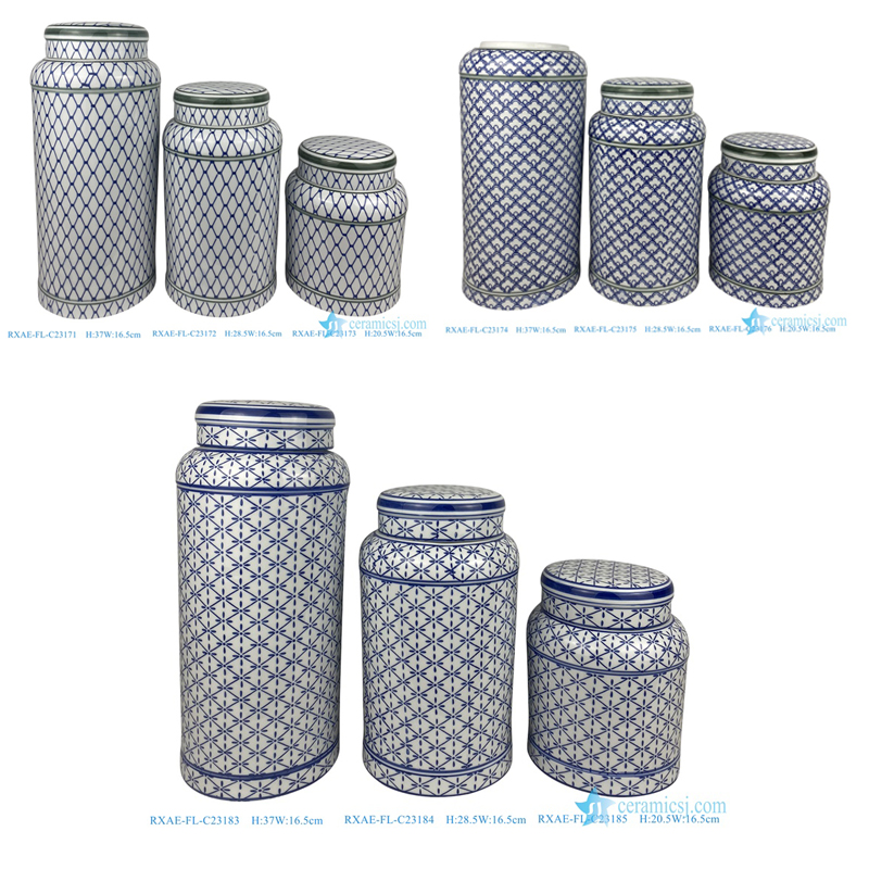 blue and white cylinder shape ceramic lidded jar for home decor