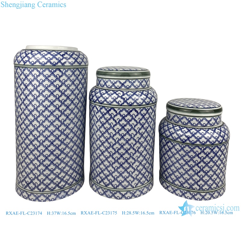 blue and white cylinder shape ceramic lidded jar for home decor