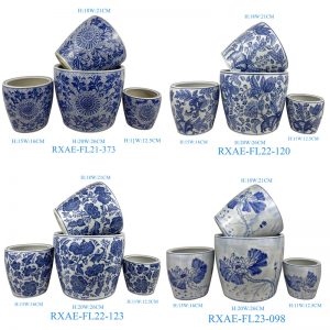 RXAE series beautiful blue and white round shape flower design 4pcs sizes set ceramic flower pot planter
