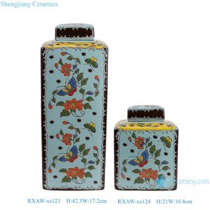 RXAW-xs124-xs123 Blue and Yellow Square Shape floral and leaf patterns Ceramic Tea pot Canister