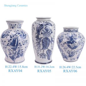 RXAY04 / RXAY05/ RXAY06 Blue and White Bird Leaf Pattern Ceramic Flower vase