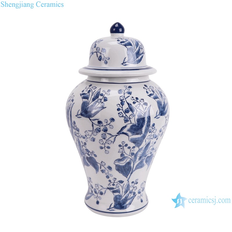 RXAY08 Modern Style Blue and White Porcelain Flower and Bird Pattern Ceramic Pot Jars with lid--side view