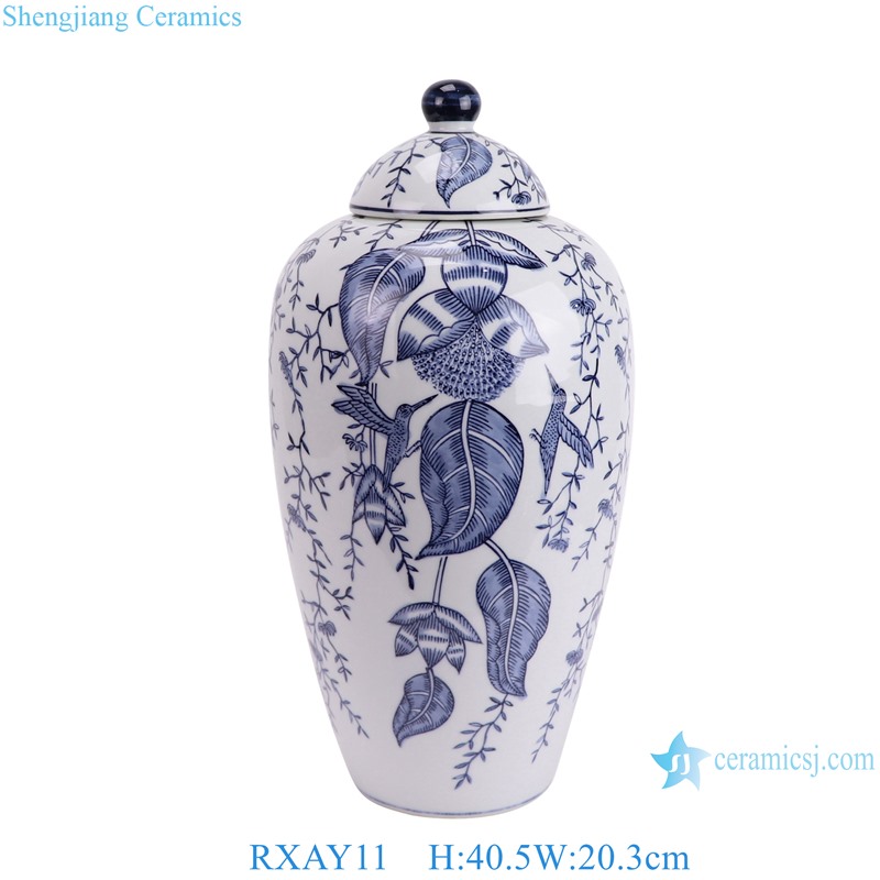 RXAY11 Modern Style Blue and White Porcelain Flower and Bird Pattern Ceramic Pot Jars with lid