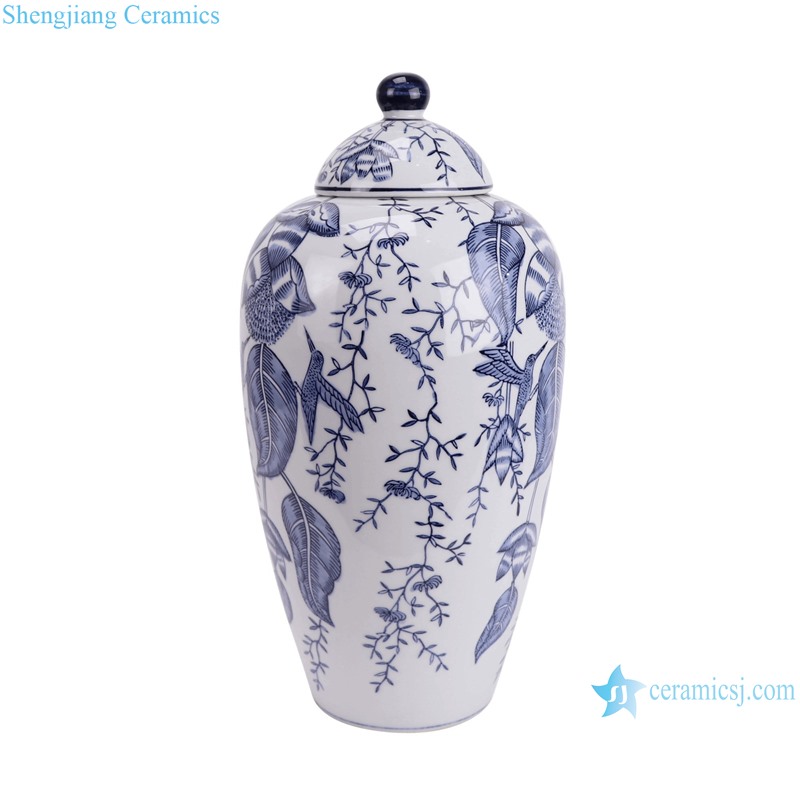 RXAY11 Modern Style Blue and White Porcelain Flower and Bird Pattern Ceramic Pot Jars with lid--side view