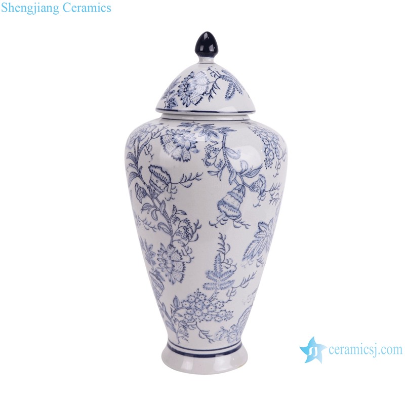 RXAY16 Modern Style Blue and White Porcelain Flower and Bird Pattern Ceramic Pot Jars with lid--side view