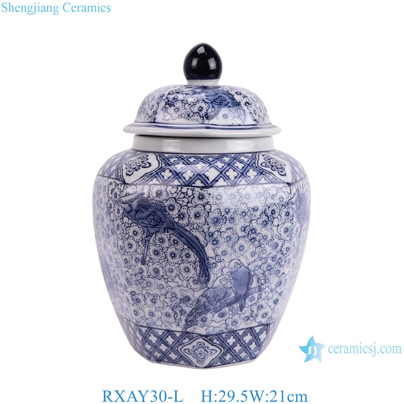 RXAY30-L Blue and white porcelain Flower and Bird Pattern Ceramic Temple Lidded Jars Ginger jar Table white 