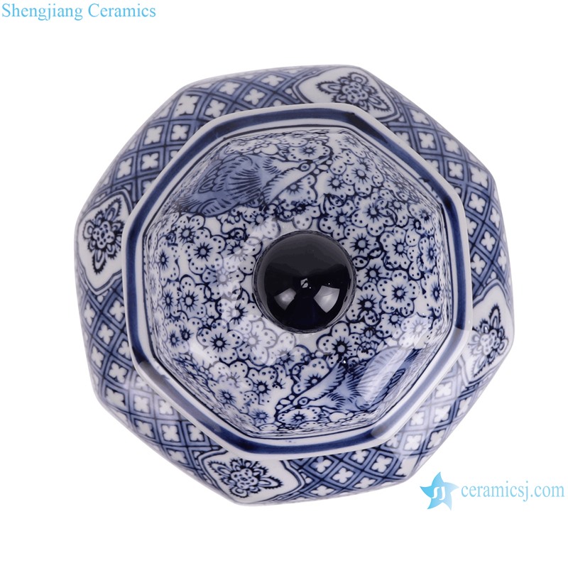 RXAY30-S Blue and white porcelain Flower and Bird Pattern Ceramic Temple Lidded Jars Ginger jar Table white --Top view