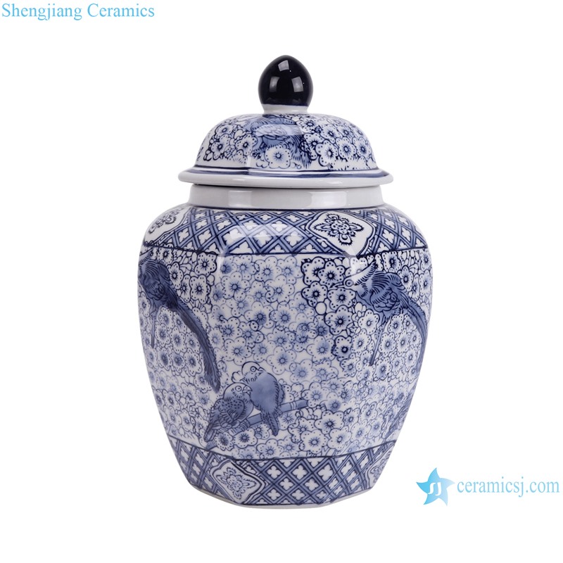RXAY30-S Blue and white porcelain Flower and Bird Pattern Ceramic Temple Lidded Jars Ginger jar Table white --side view