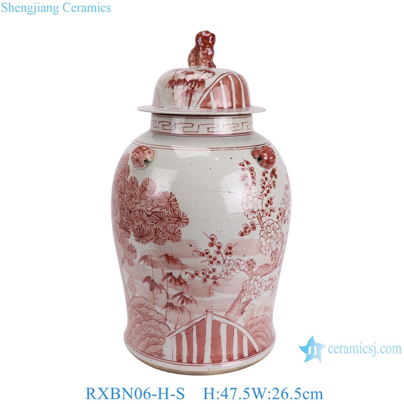 RXBN06-H-S Jingdezhen Red and White Porcelain Hand painted Pine bamboo Plum Flower Pattern Chinese ginger jar lion head