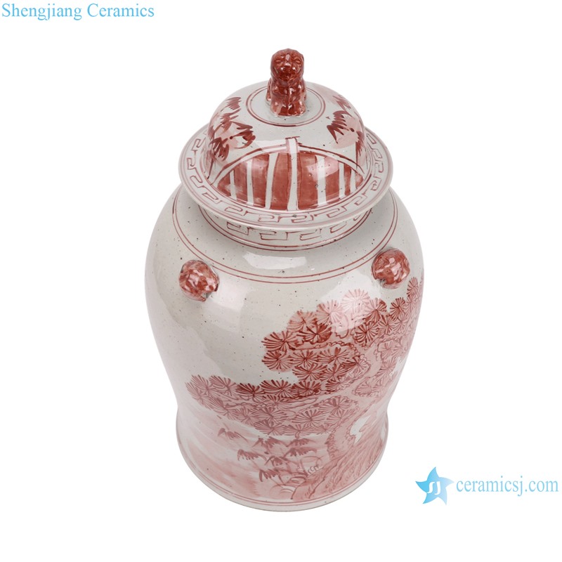 RXBN06-H-S Jingdezhen Red and White Porcelain Hand painted Pine bamboo Plum Flower Pattern Chinese ginger jar lion head--vertical view