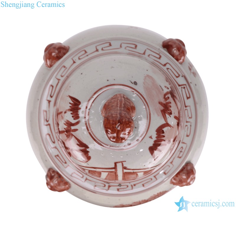 RXBN06-H-S Jingdezhen Red and White Porcelain Hand painted Pine bamboo Plum Flower Pattern Chinese ginger jar lion head--top view
