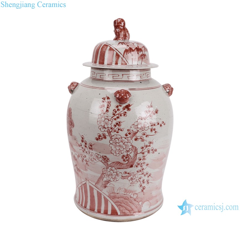 RXBN06-H-S Jingdezhen Red and White Porcelain Hand painted Pine bamboo Plum Flower Pattern Chinese ginger jar lion head--side view