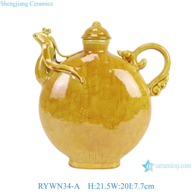 RYWN34-A Yellow Color Glazed Phoenix Pattern Chicken Head Pot Ceramic Decorative Kettle Pot