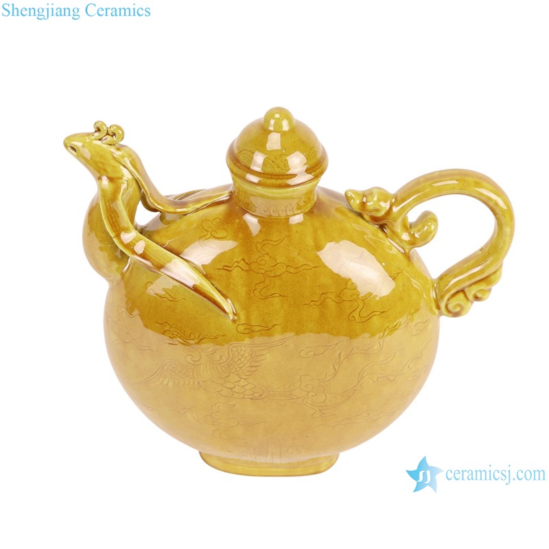 RYWN34-A Yellow Color Glazed Phoenix Pattern Chicken Head Pot Ceramic Decorative Kettle Pot--vertical view