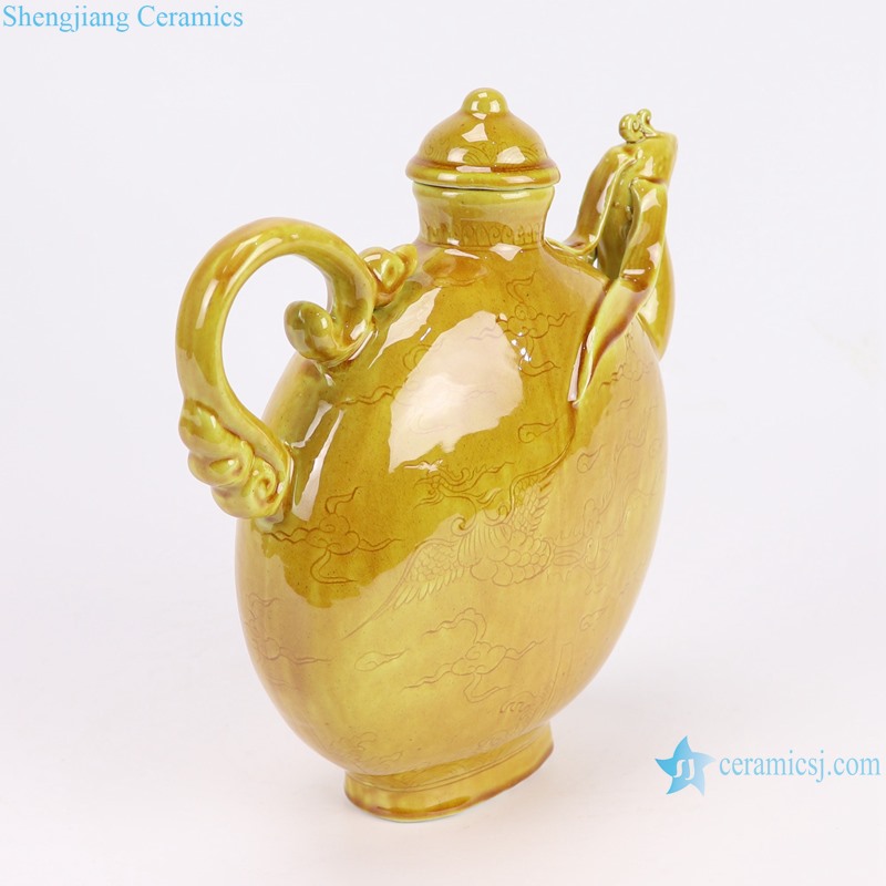 RYWN34-A Yellow Color Glazed Phoenix Pattern Chicken Head Pot Ceramic Decorative Kettle Pot--side view