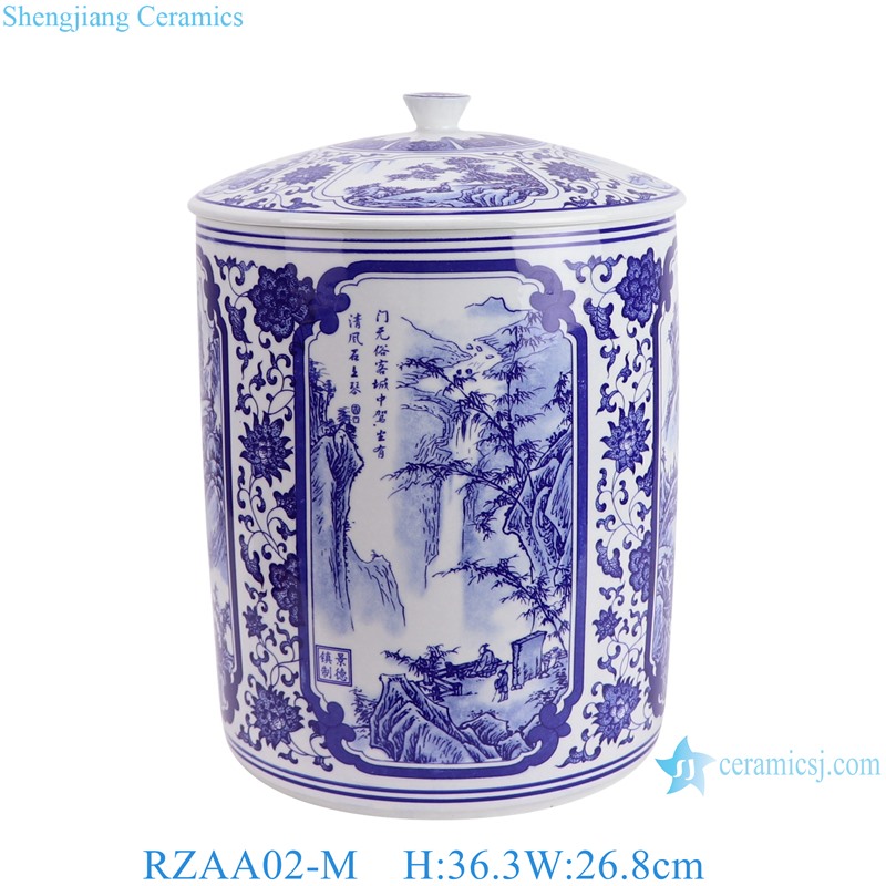 RZAA02-M Blue and White Porcelain Landscape Twisted flower pattern straight tube Tea Canister Pot