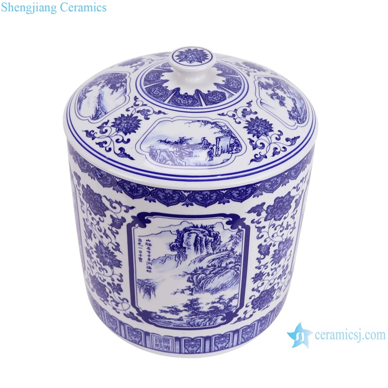 Blue and White Porcelain Landscape Twisted flower pattern straight tube Tea Canister Pot -- vertical view