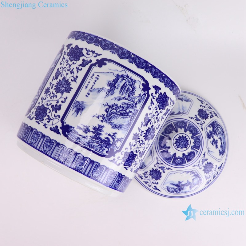 Blue and White Porcelain Landscape Twisted flower pattern straight tube Tea Canister Pot -- lay down
