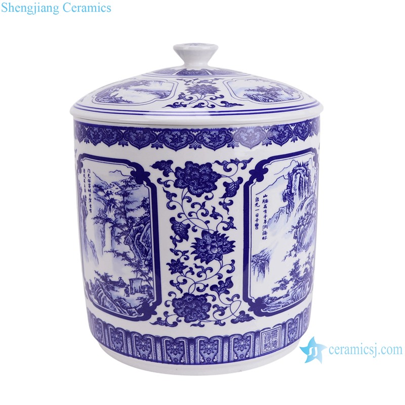 Blue and White Porcelain Landscape Twisted flower pattern straight tube Tea Canister Pot -- Side view