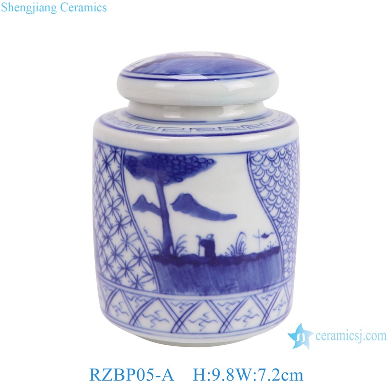 RZBP05-A Blue and White Porcelain Landscape pattern round shape Cute Small Pot Ceramic Tea Canister