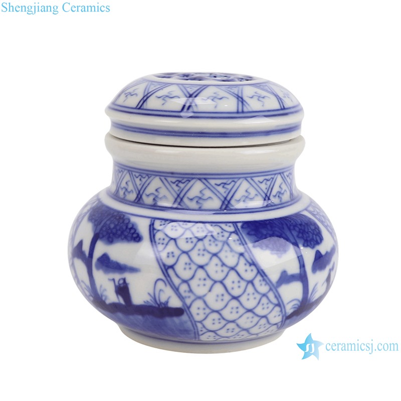 RZBP05-B Blue and White Porcelain Landscape pattern round shape Cute Small Pot Ceramic Tea Canister--Side view