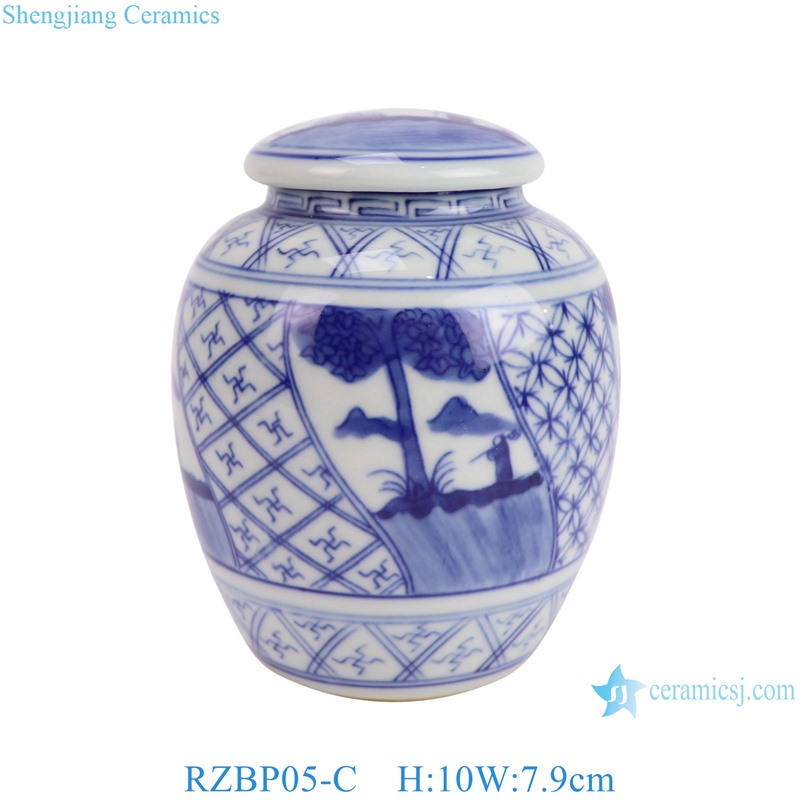 RZBP05-C Blue and White Porcelain Landscape pattern round shape Cute Small Pot Ceramic Tea Canister
