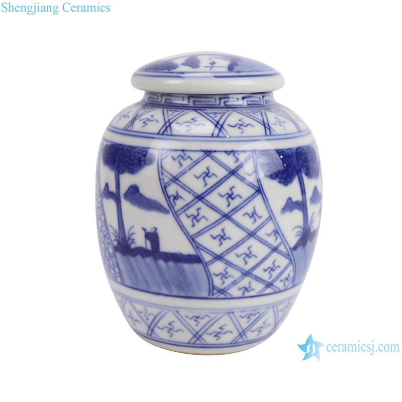RZBP05-C Blue and White Porcelain Landscape pattern round shape Cute Small Pot Ceramic Tea Canister--Side view