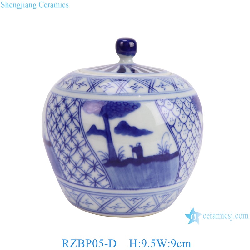 RZBP05-D Blue and White Porcelain Landscape pattern round shape Cute Small Pot Ceramic Tea Canister