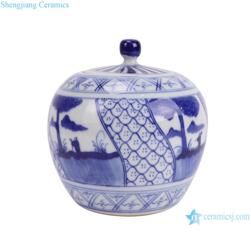 RZBP05-D Blue and White Porcelain Landscape pattern round shape Cute Small Pot Ceramic Tea Canister--side view