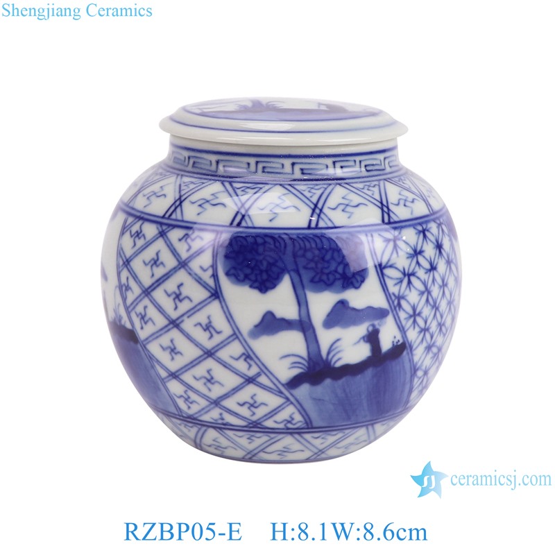RZBP05-E Blue and White Porcelain Landscape pattern round shape Cute Small Pot Ceramic Tea Canister