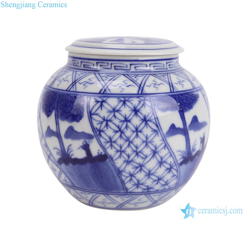 RZBP05-E Blue and White Porcelain Landscape pattern round shape Cute Small Pot Ceramic Tea Canister--Side view