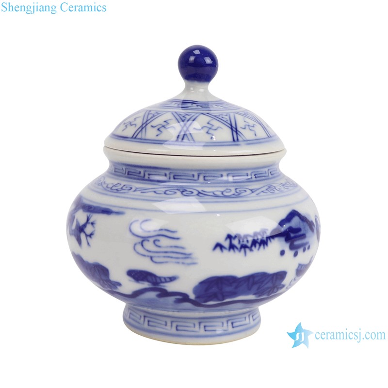RZBP05-G Blue and White Porcelain Landscape pattern round shape Cute Small Pot Ceramic Tea Canister--Side view