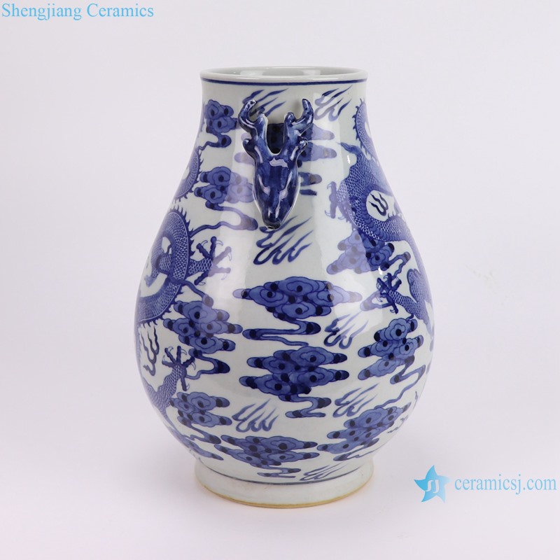 RZCM11-A Qing dynasy Guangxi period blue and white dragon pattern ceramic vase with two ears for home decoration