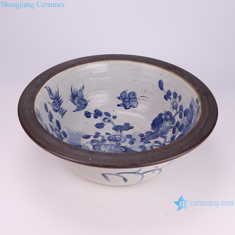 RZEY17-A-G hand painted blue and white wide rim big size ceramic bowl planter