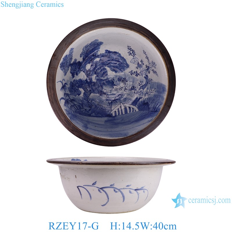 RZEY17-A-G hand painted blue and white wide rim big size ceramic bowl planter