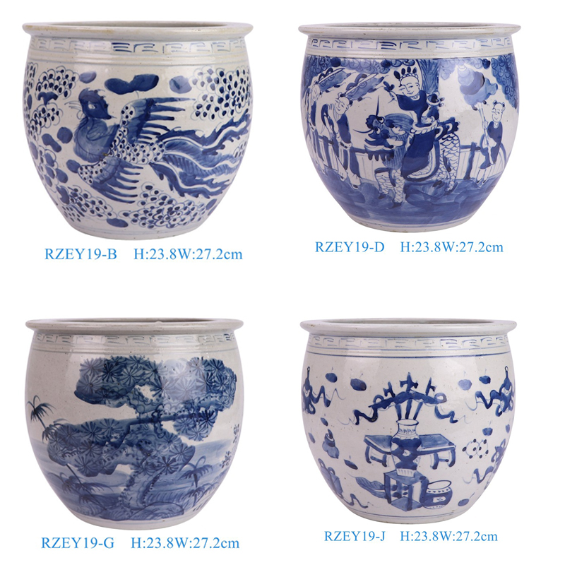 RZEY19-B-D-G-J antique hand painted blue and white medium size ceramic bowl planter