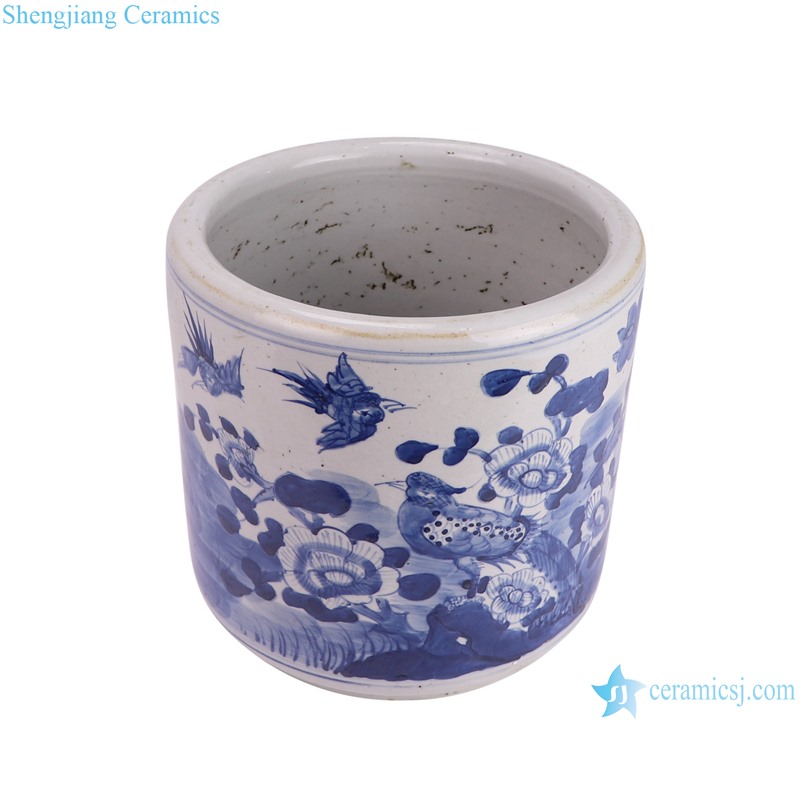 RZEY21-A antique hand painted blue and white floral and bird design ceramic flower pot planter censer