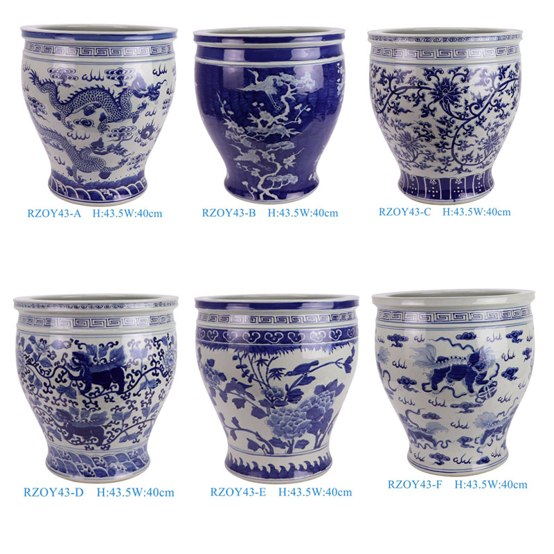 RZOY43-A-B-C-D-E-F 16inch hand painted blue and white big bowl ceramic planter for garden