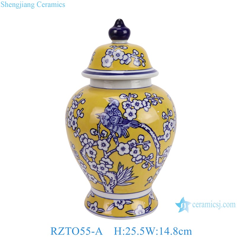 RZTO55-A yellow background blossom and bird pattern ceramic temple jar for home decoration