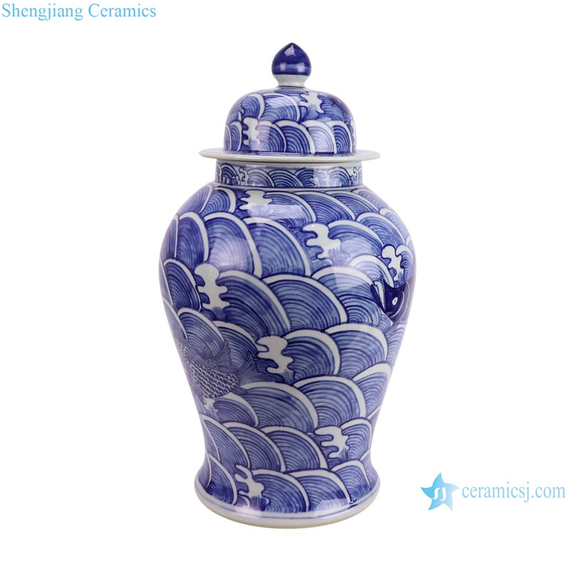 RZKY49-A Jingdezhen Antique Blue and white Porcelain Seawater fish pattern Chinese Porcelain Ginger Jar--side view