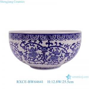 RXCE-BW64641 Blue and White Interlocking Lotus Pattern Ceramic Big Bowl Flower Pot Planter