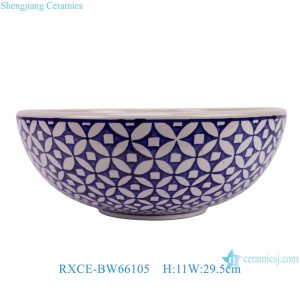 RXCE-BW66105 Blue and White Copper Cash Pattern Ceramic Big Bowl Flower Pot Planter