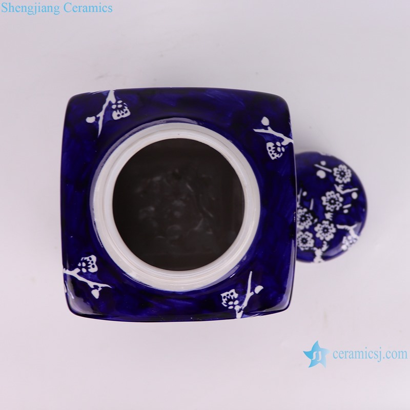 RXCE-BW66849L Blue Ground Iced Plum pattern Square Porcelain Lidded Jar for home decoration