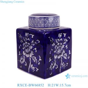 RXCE-BW66852 Blue Ground Peony Leaf Pattern Square Porcelain Lidded Jar for home decoration