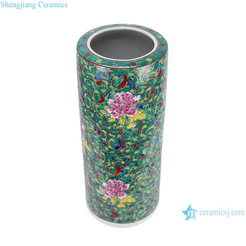 Green colorful butterfly flower pattern Handpainted Ceramic floor flower Pot Umbrella stand --vertical view