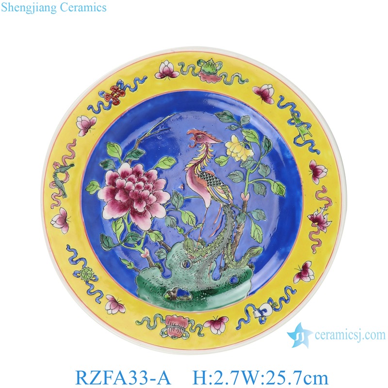 RZFA33-A 10 inch Ceramic Round Savor plate Flate plate Pastel color Blue and yellow Phoenix Flower and Bird Pattern 