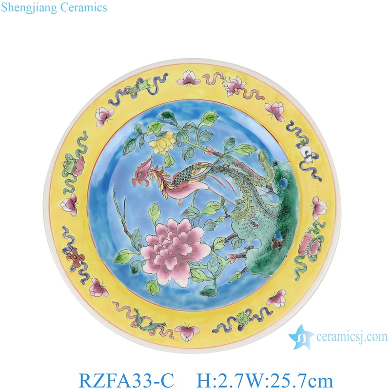 RZFA33-C 10 inch Ceramic Round Savor plate Flate plate Pastel color blue and yellow Phoenix Flower and Bird Pattern 