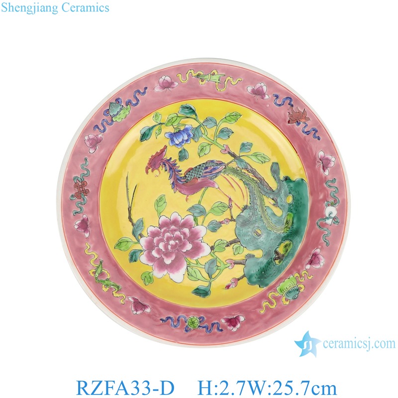 RZFA33-D 10 inch Ceramic Round Savor plate Flate plate Pastel color pink and yellow Phoenix Flower and Bird Pattern 