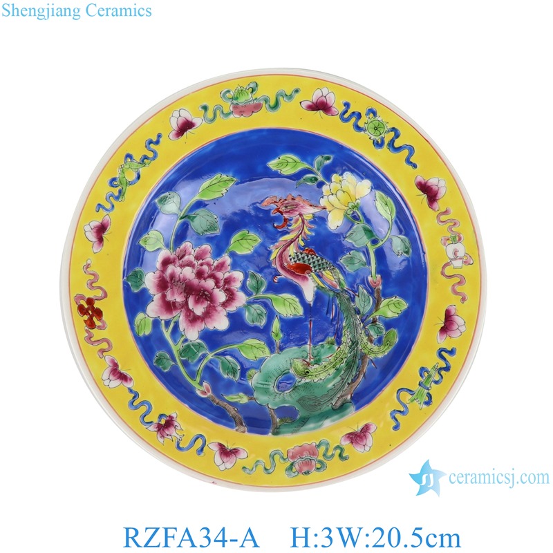 RZFA34-A 8 inch Ceramic Round Savor plate Flate plate Pastel color Blue and yellow Phoenix Flower and Bird Pattern 